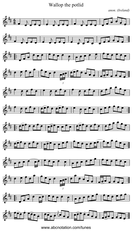 Wallop the potlid - staff notation