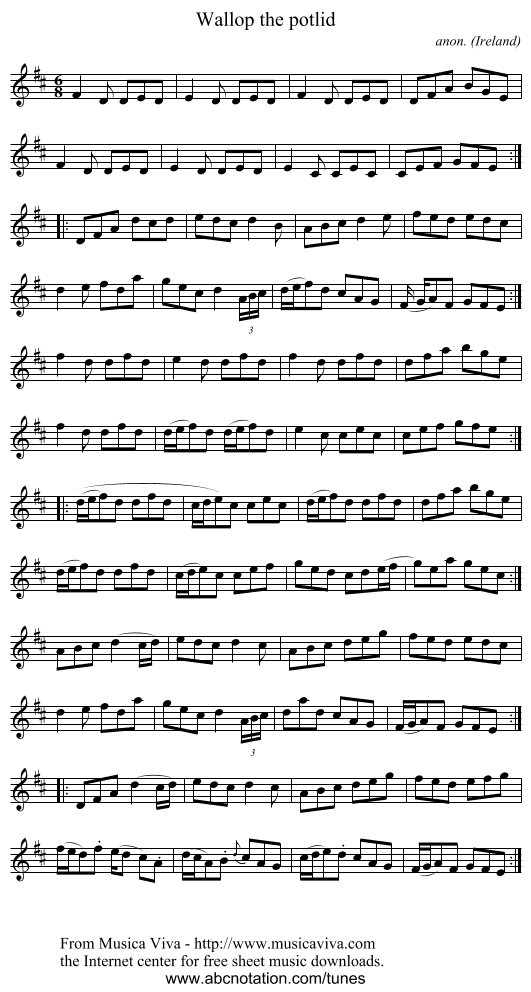 Wallop the potlid - staff notation