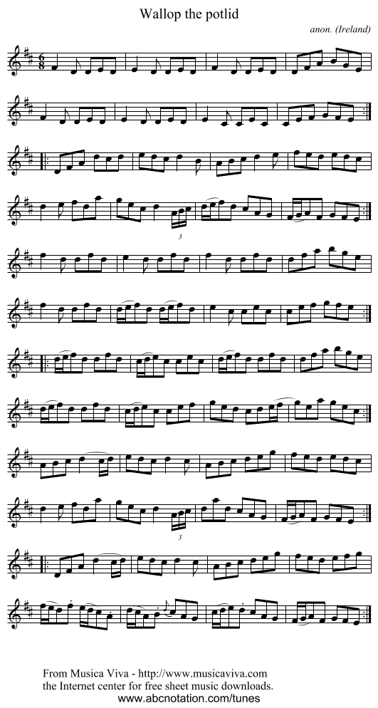Wallop the potlid - staff notation