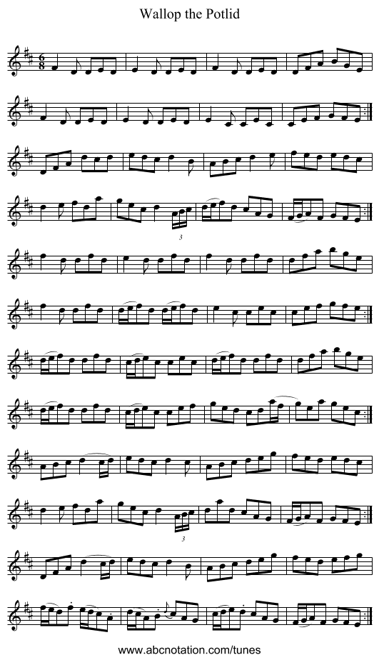Wallop the Potlid - staff notation