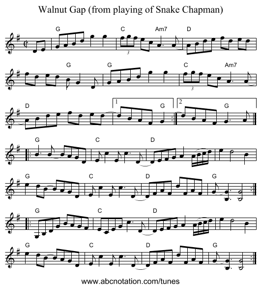 Walnut Gap (from playing of Snake Chapman) - staff notation