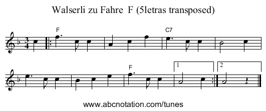 Walserli zu Fahre  F (5letras transposed) - staff notation