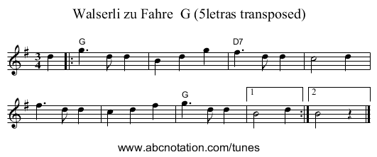 Walserli zu Fahre  G (5letras transposed) - staff notation