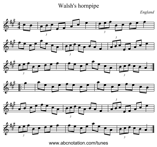 Walsh's hornpipe - staff notation