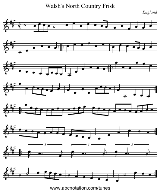 Walsh's North Country Frisk - staff notation
