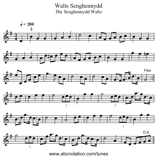 Walts Senghennydd - staff notation