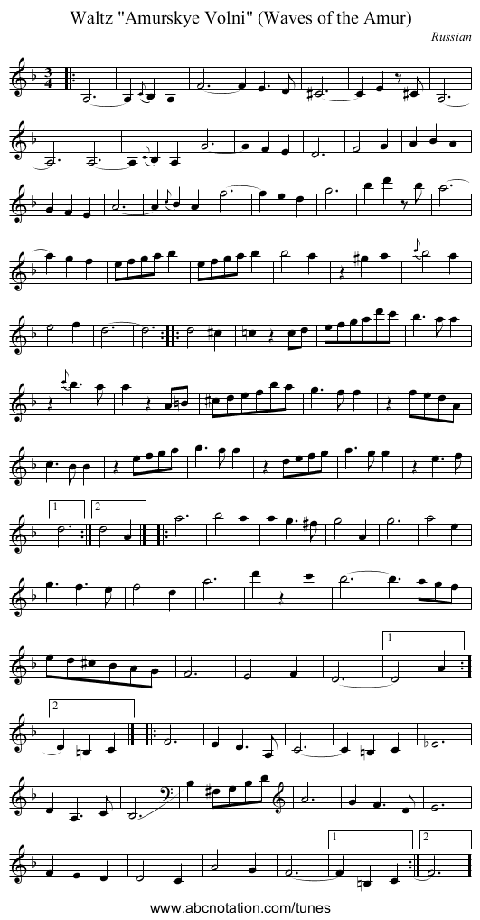 Waltz Amurskye Volni (Waves of the Amur) - staff notation