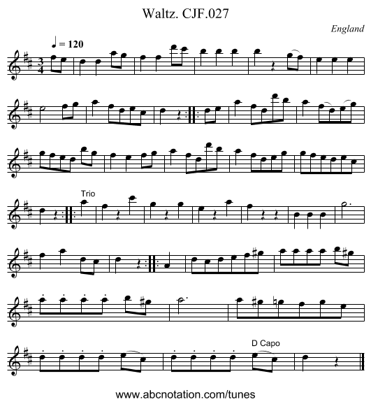 Waltz. CJF.027 - staff notation