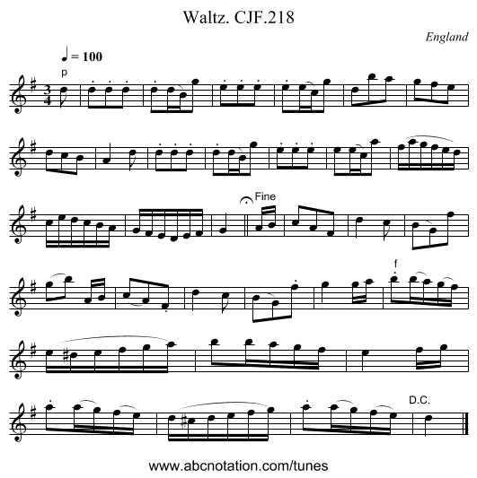Waltz. CJF.218 - staff notation