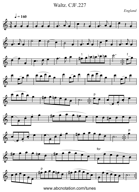 Waltz. CJF.227 - staff notation