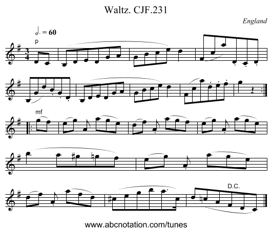 Waltz. CJF.231 - staff notation