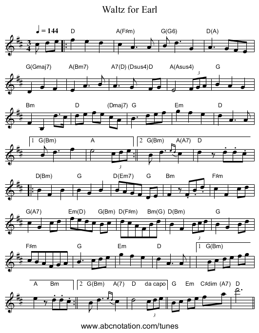 Waltz for Earl - staff notation