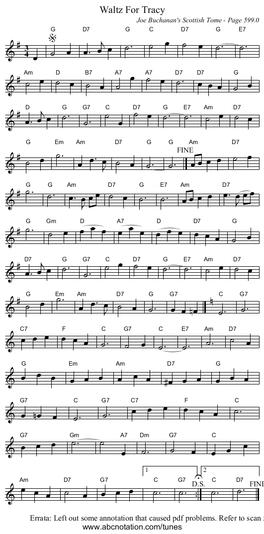Waltz For Tracy - staff notation