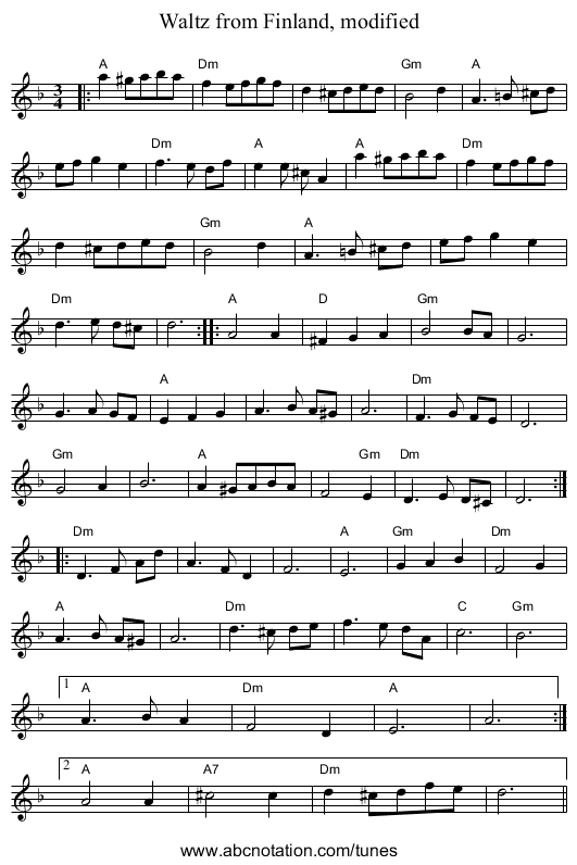 Waltz from Finland, modified - staff notation