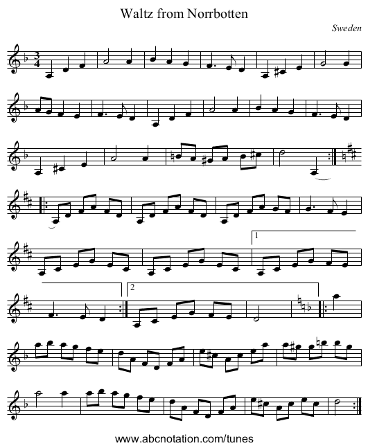 Waltz from Norrbotten - staff notation