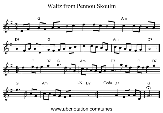 Waltz from Pennou Skoulm - staff notation