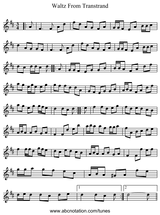 Waltz From Transtrand - staff notation