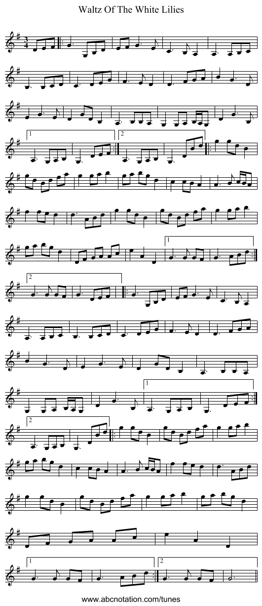 Waltz Of The White Lilies - staff notation