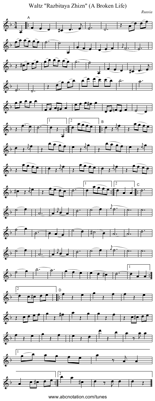 Waltz Razbitaya Zhizn (A Broken Life) - staff notation