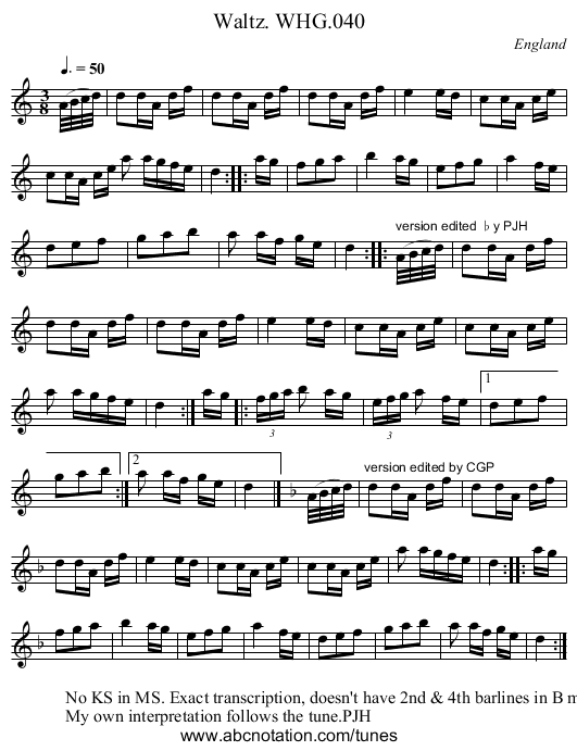 Waltz. WHG.040 - staff notation