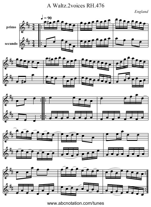 Waltz.2voices RH.476, A - staff notation