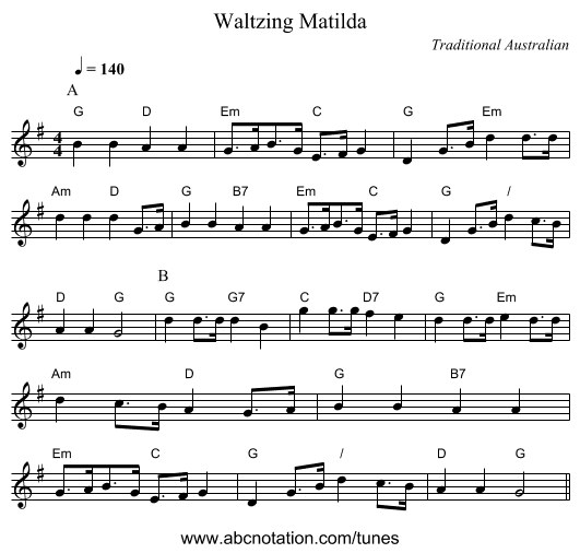 Waltzing Matilda - staff notation