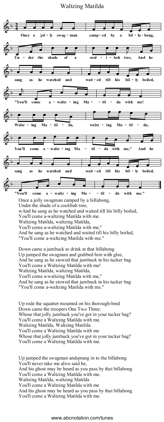 Waltzing Matilda - staff notation