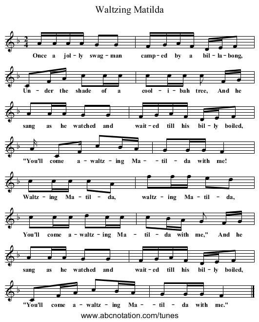 Waltzing Matilda - staff notation