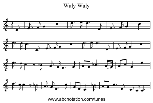 Waly, Waly - staff notation