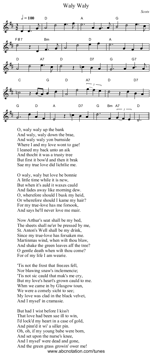 Waly, Waly - staff notation