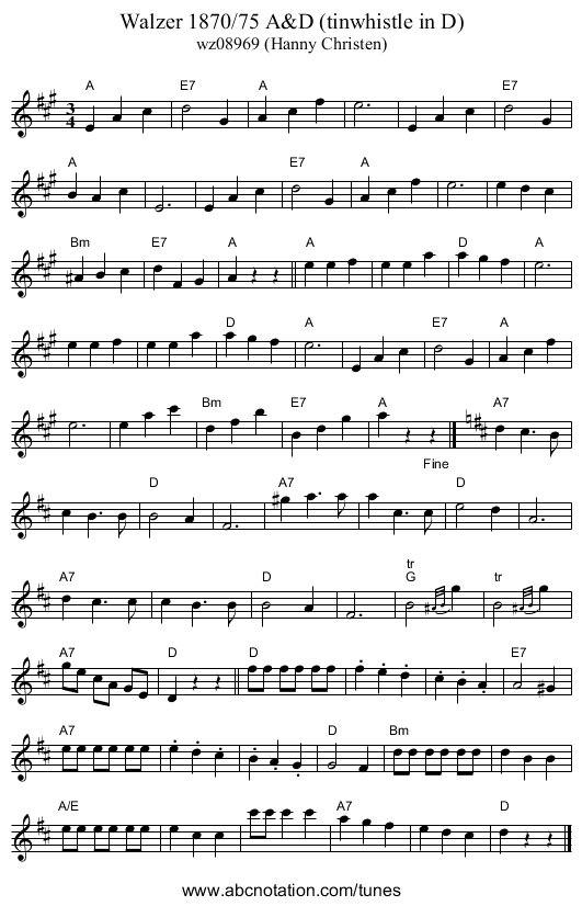 Walzer 1870/75 A&D (tinwhistle in D) - staff notation