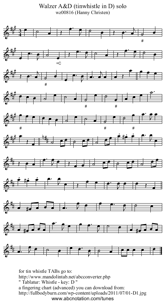Walzer A&D (tinwhistle in D) solo - staff notation