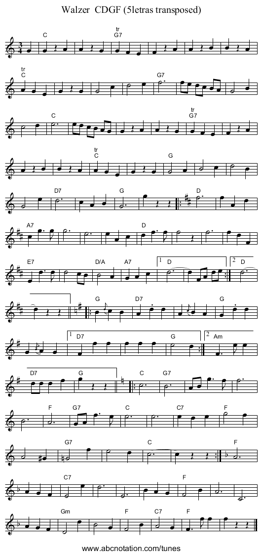 Walzer  CDGF (5letras transposed) - staff notation