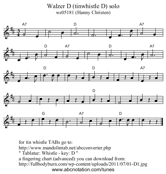 Walzer D (tinwhistle D) solo - staff notation