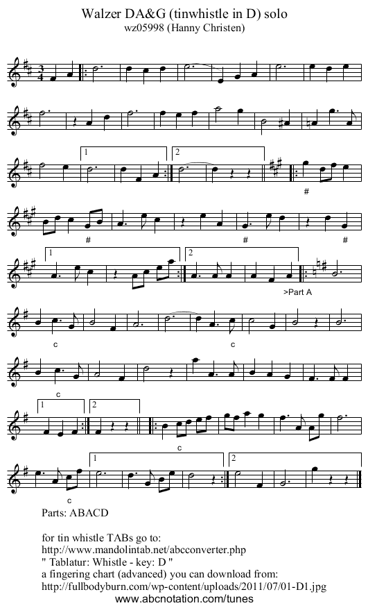 Walzer DA&G (tinwhistle in D) solo - staff notation