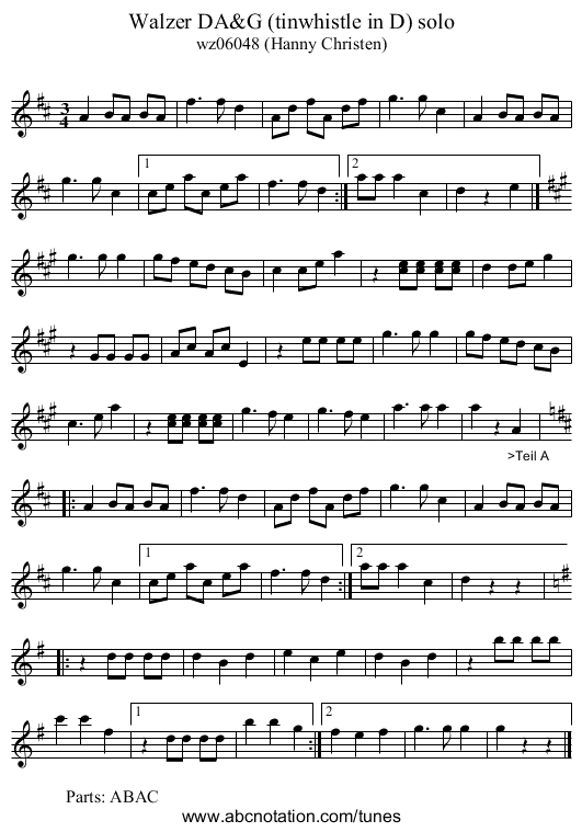 Walzer DA&G (tinwhistle in D) solo - staff notation