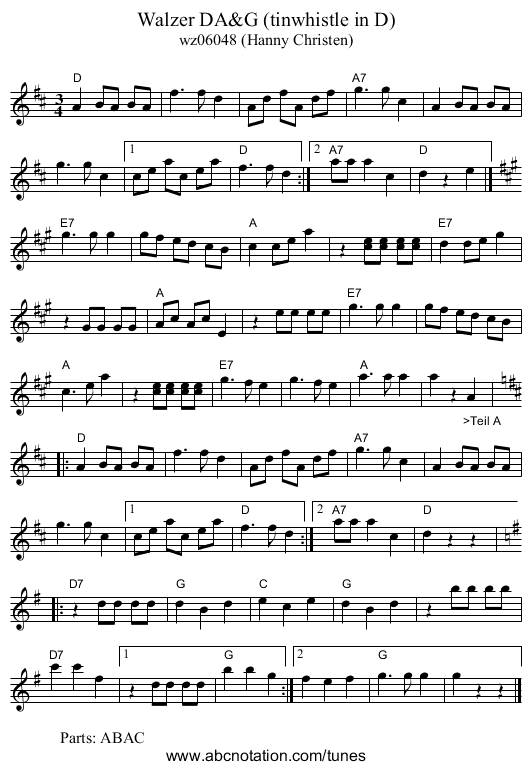 Walzer DA&G (tinwhistle in D) - staff notation