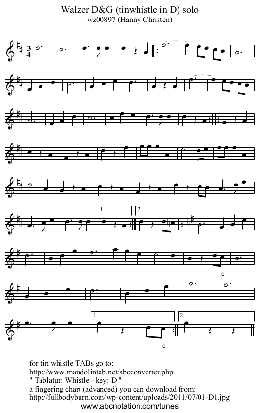 Walzer D&G (tinwhistle in D) solo - staff notation