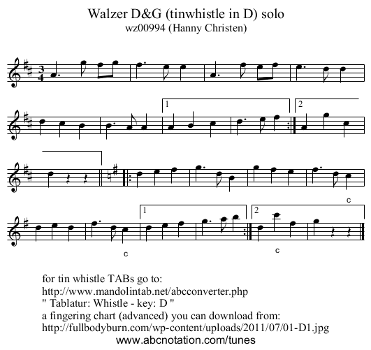 Walzer D&G (tinwhistle in D) solo - staff notation