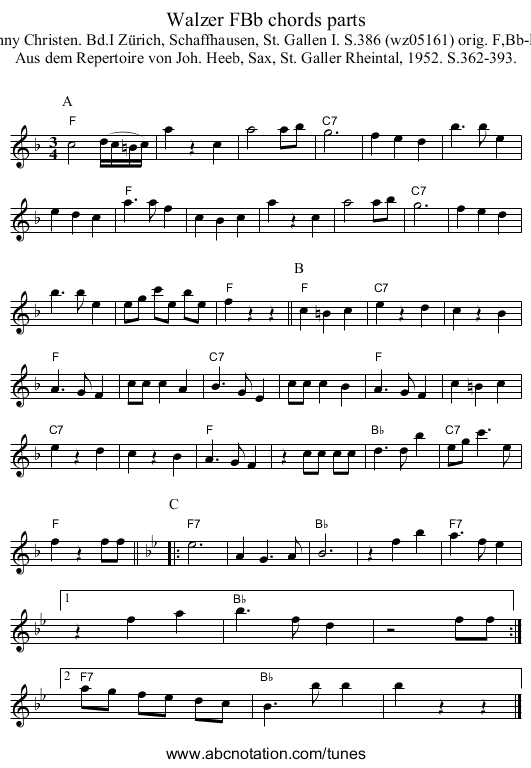 Walzer FBb chords parts - staff notation