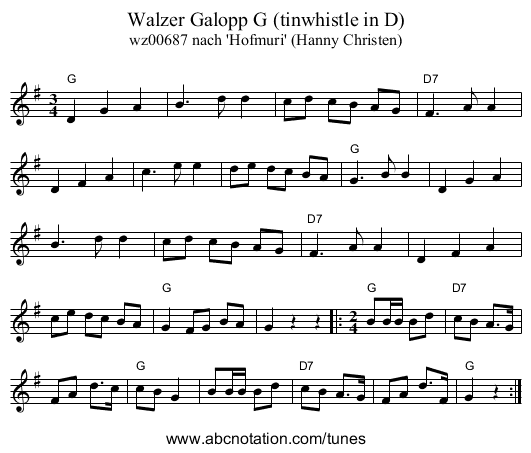 Walzer Galopp G (tinwhistle in D) - staff notation