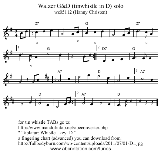 Walzer G&D (tinwhistle in D) solo - staff notation