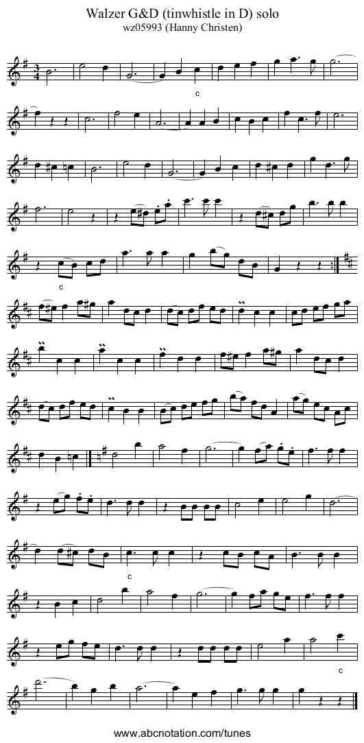 Walzer G&D (tinwhistle in D) solo - staff notation
