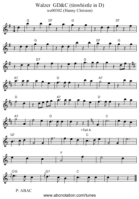 Walzer  GD&C (tinwhistle in D) - staff notation