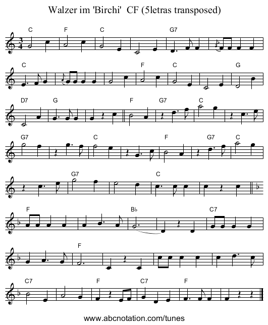 Walzer im 'Birchi'  CF (5letras transposed) - staff notation