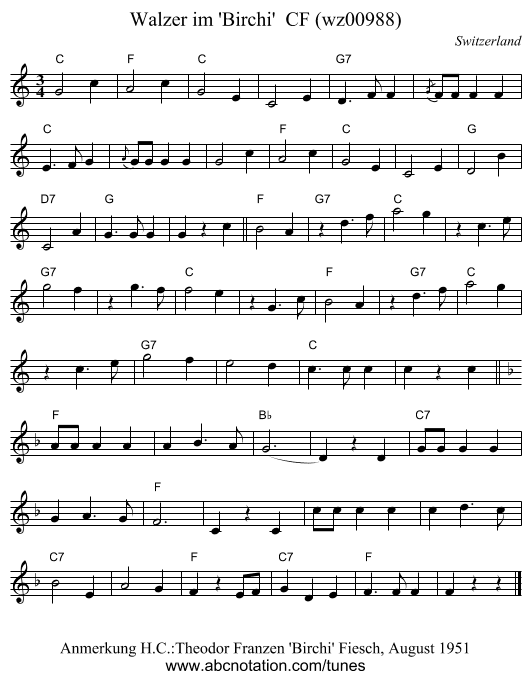 Walzer im 'Birchi'  CF (wz00988) - staff notation