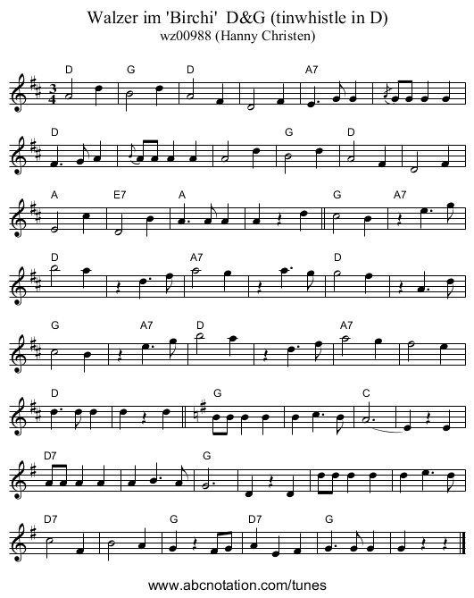 Walzer im 'Birchi'  D&G (tinwhistle in D) - staff notation