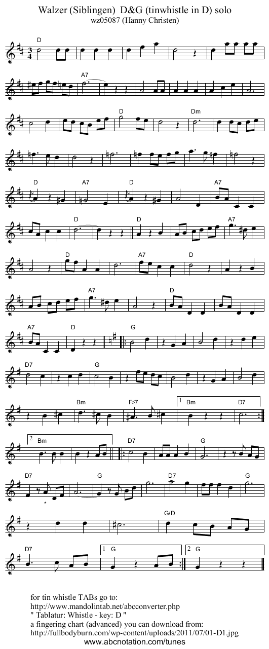 Walzer (Siblingen)  D&G (tinwhistle in D) solo - staff notation