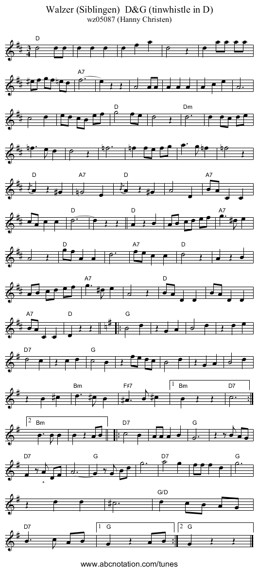 Walzer (Siblingen)  D&G (tinwhistle in D) - staff notation