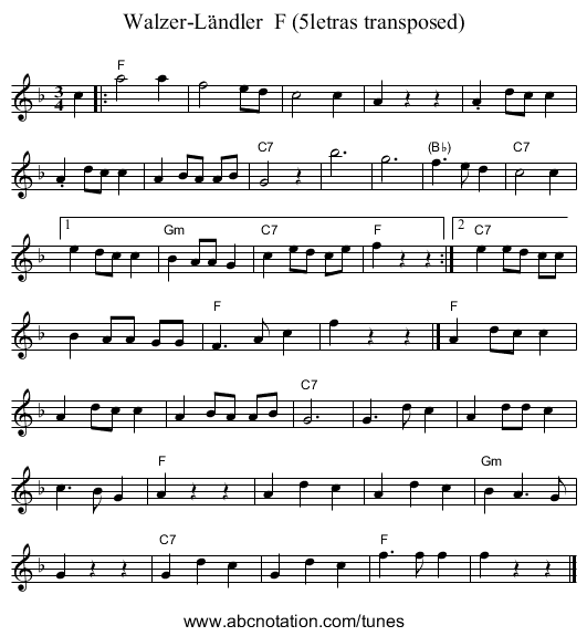 Walzer-L&auml;ndler  F (5letras transposed) - staff notation